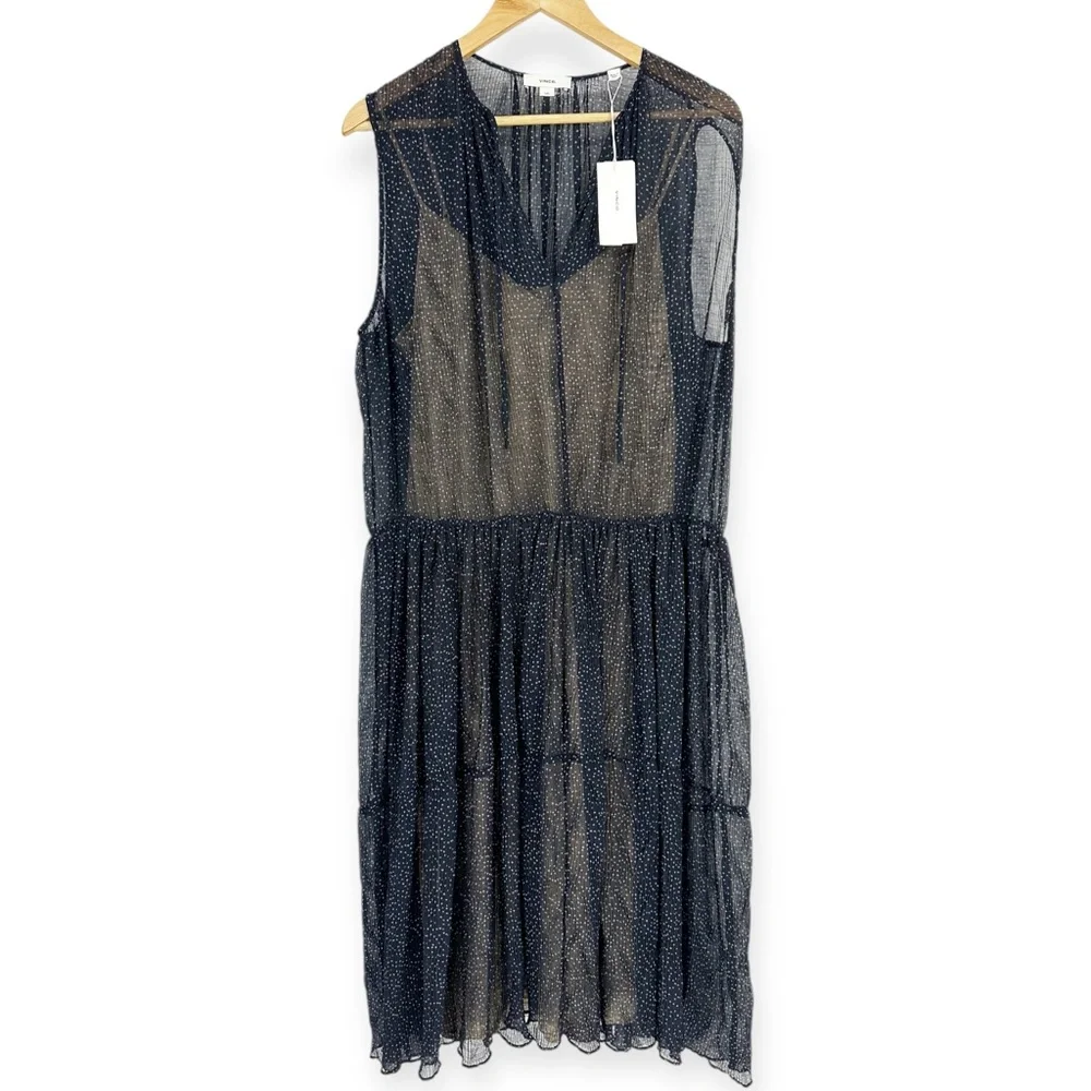 VINCE Starry Dot Dress NWT‎ size L Whimsigoth Sheer Tiered Mini Dress Fairy